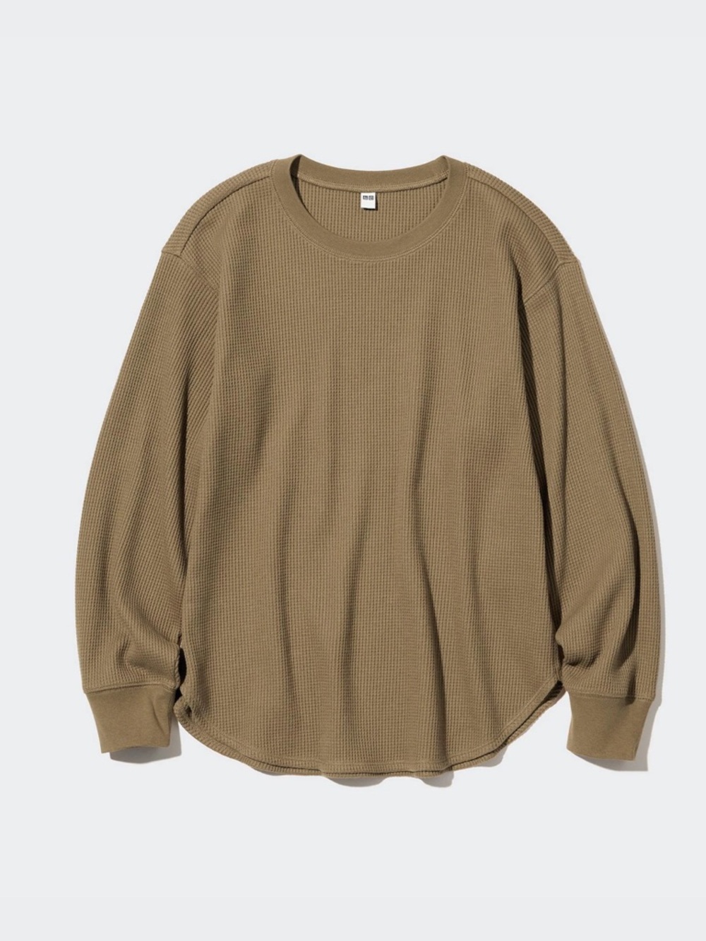 Uniqlo Unisex Thermal Long Sleeve T Shirt Olive Green Crewneck Waffle Knit